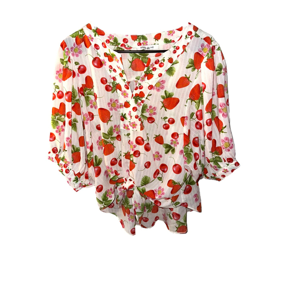 Rose + Olive White Red Strawberry Cherry Tie Front Blouse Size Large - Picture 2 of 12